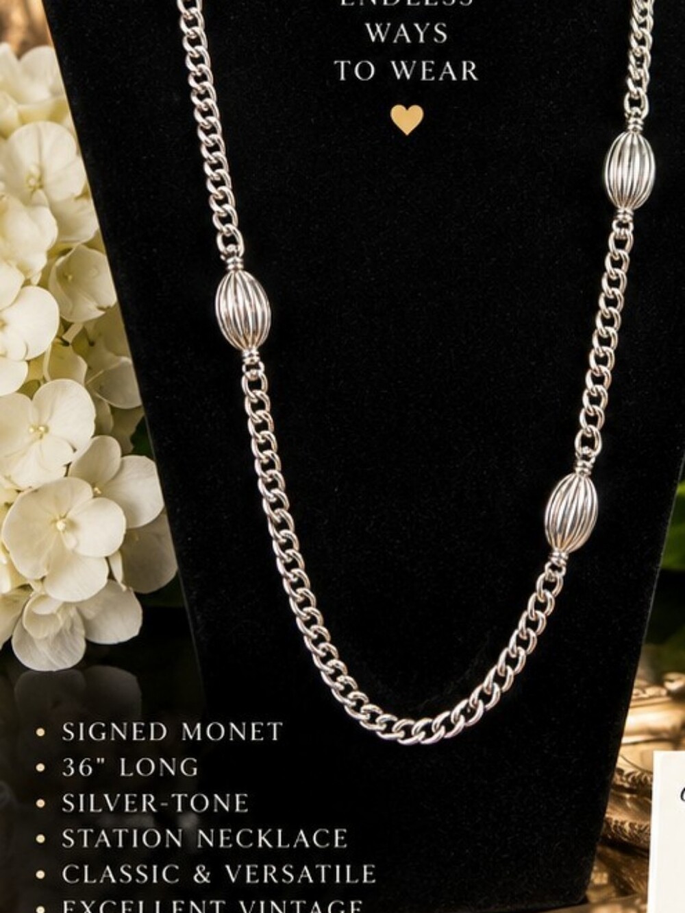Vintage Monet 36" Silver Tone Station Chain Necklace Long Layering Signed